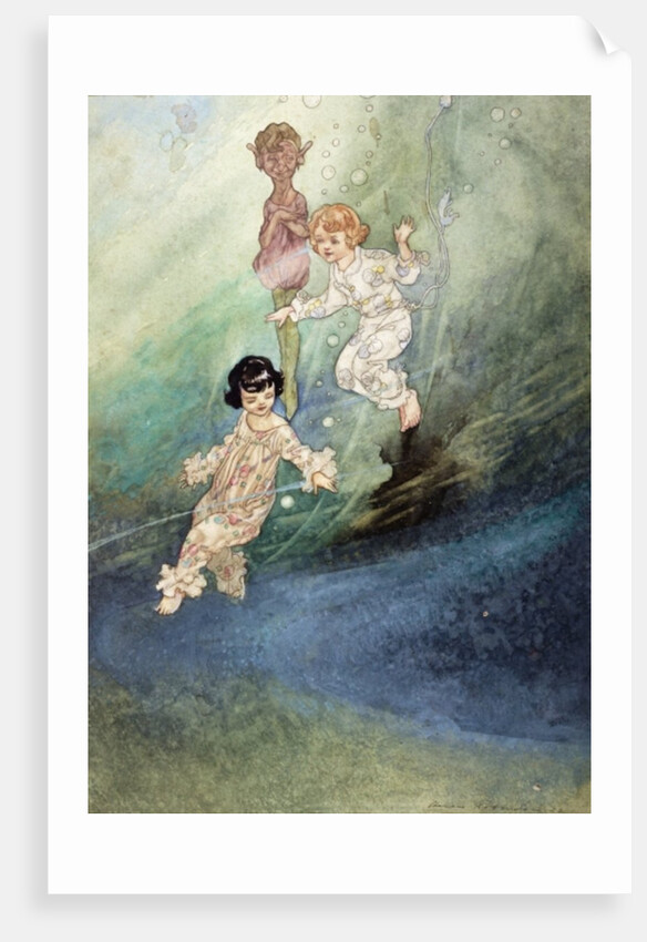 Untitled Watercolour, Children Underwater with an Elf by Charles Robinson