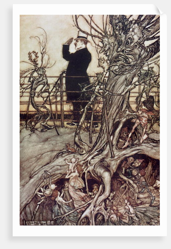 The Kensington Gardens are in London, where the King lives from 'Peter Pan in Kensington Gardens' by J.M. Barrie, 1906 by Arthur Rackham