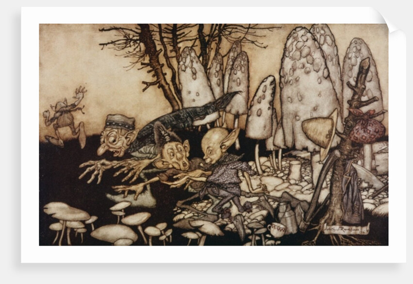 A band of workmen, who were sawing down a toadstool, rushed away, leaving their tools behind them by Arthur Rackham