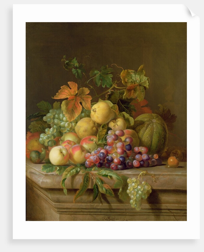 A Still Life of Melons, Grapes and Peaches on a Ledge by Jakob Bogdani or Bogdany