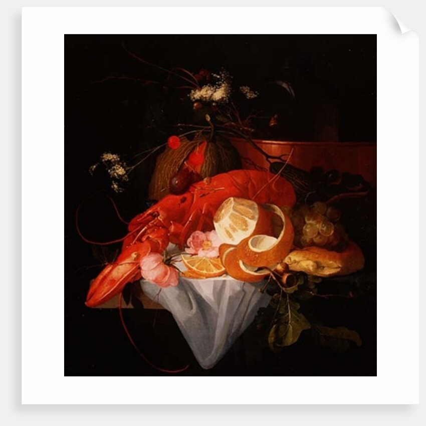 A Still Life with Lobster, Lemon and Grapes by Elias van den Broeck