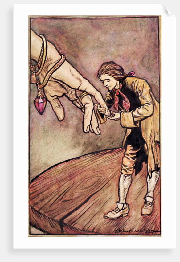 Original watercolour illustration for 'Gulliver's Travels' by Swift, Gulliver in Brobdingnag, 1909 by Arthur Rackham