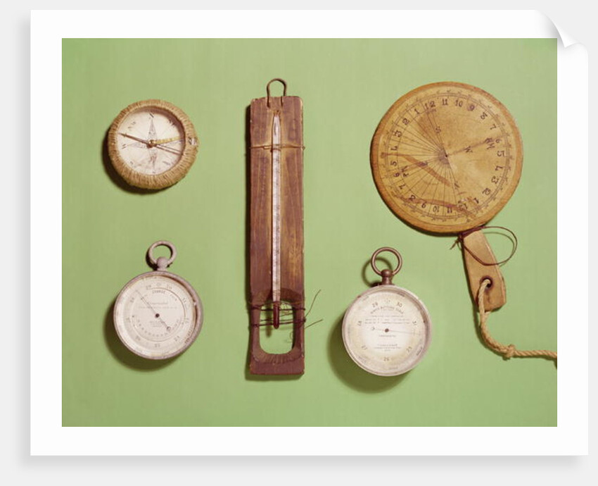 Scott's compass, thermometer, sundial, barometer and altitude scale used on Antarctic expedition, 1910-12 by Anonymous