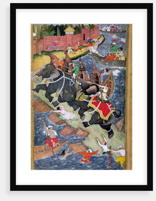 Akbar tames the Savage Elephant, Hawa'i, outside the Red Fort at Agra, miniature from the 'Akbarnama' of Abul Fazl, c.1590 by Basawan and Chatai