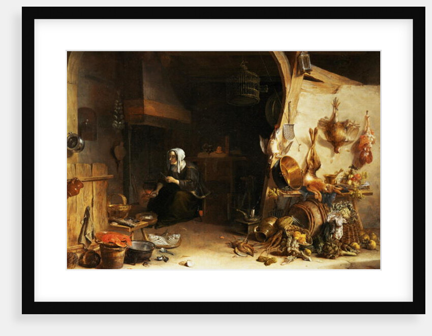 A Kitchen Interior with a Servant Girl Surrounded by Utensils, Vegetables and a Lobster on a Plate by Cornelis van Lelienbergh