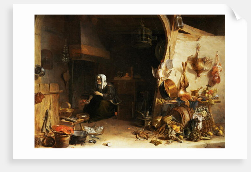 A Kitchen Interior with a Servant Girl Surrounded by Utensils, Vegetables and a Lobster on a Plate by Cornelis van Lelienbergh