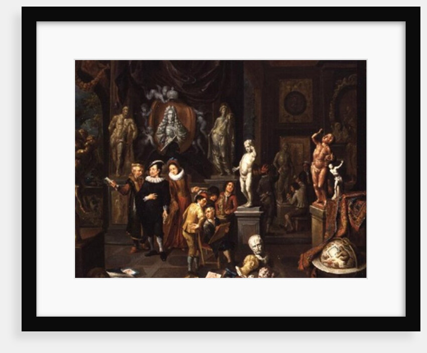 An Elegant Couple Visiting a Sculpture Gallery, with an Artist Sketching and a Sculptor at Work Beyond by Balthasar van den Bossche