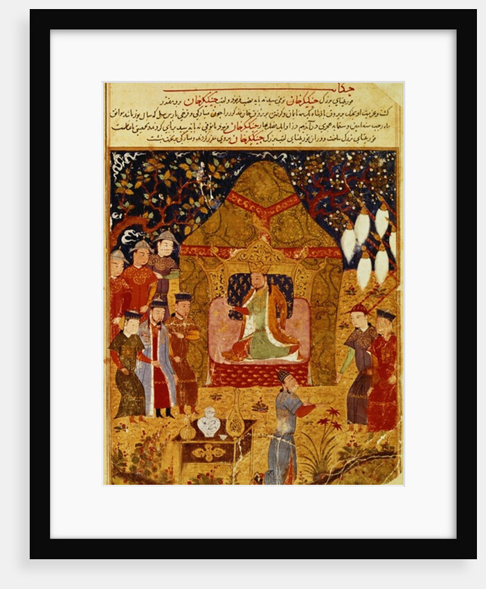 Temujin has himself proclaimed Genghis Khan, his sons Ogodei and Jochi to the right by Persian School