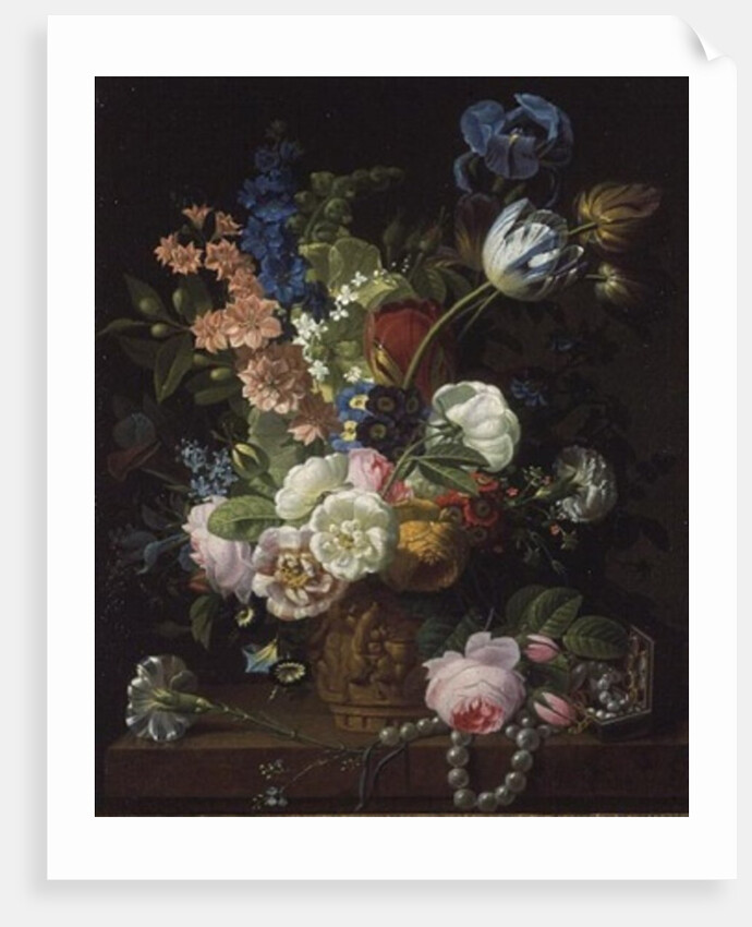 A Still Life of Roses, Tulips, Carnations, Stocks and Other Flowers in a Decorative Urn, Resting on a Stone Ledge by Jean-Louis Prevost