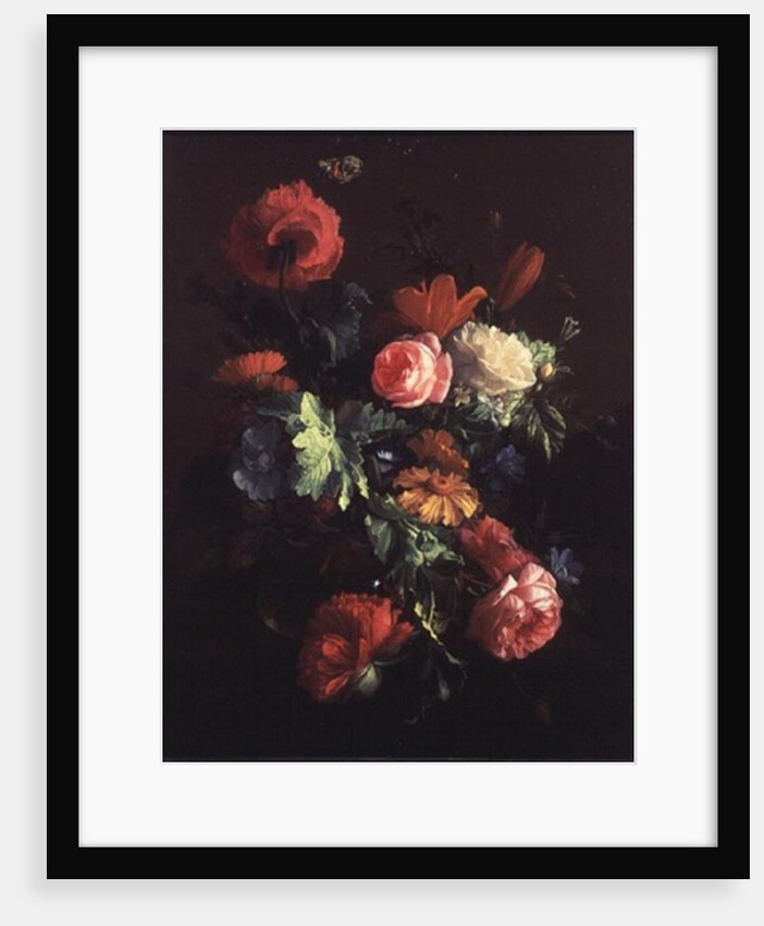Poppies, Roses, Lilies, Daisies, a Convolvulus and Other Flowers in a Glass Bowl on a Ledge, with a Cabbage White Butterfly Above by Elias van den Broeck