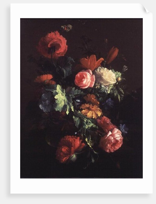 Poppies, Roses, Lilies, Daisies, a Convolvulus and Other Flowers in a Glass Bowl on a Ledge, with a Cabbage White Butterfly Above by Elias van den Broeck