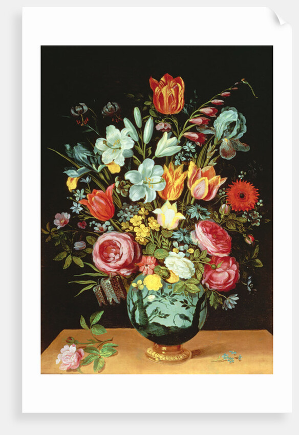 A Still Life of Flowers in a Porcelain Vase Resting on a Ledge by Phillipe de Marlier