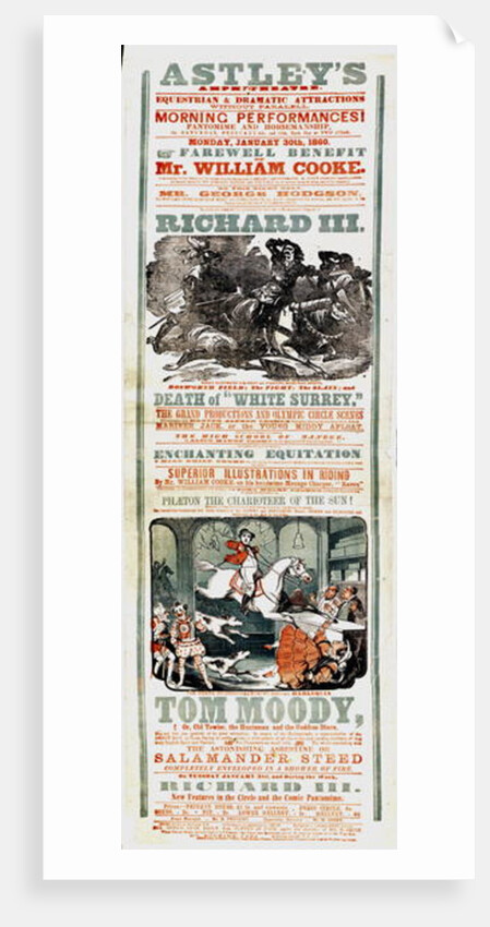 Astley's Circus poster advertising the Farewell Benefit of Mr. William Cooke, January 30th, 1860 by English School