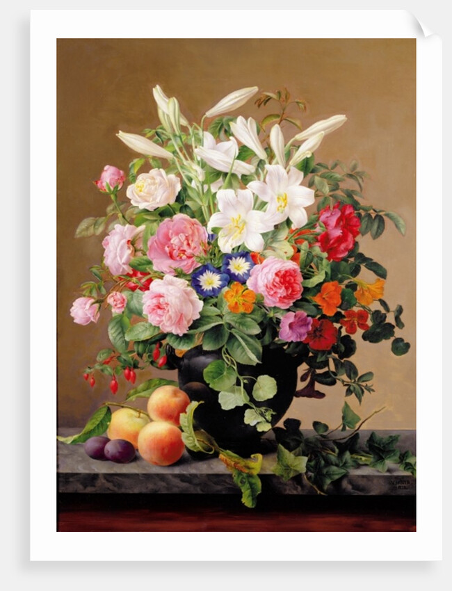 Still Life with Flowers and Fruit by V. Hoier
