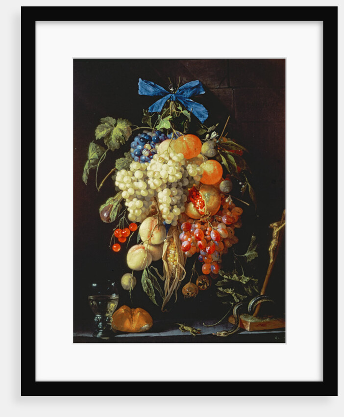 Bouquet of Fruit with Eucharistic Symbols on a Ledge Below by Cornelis de Heem