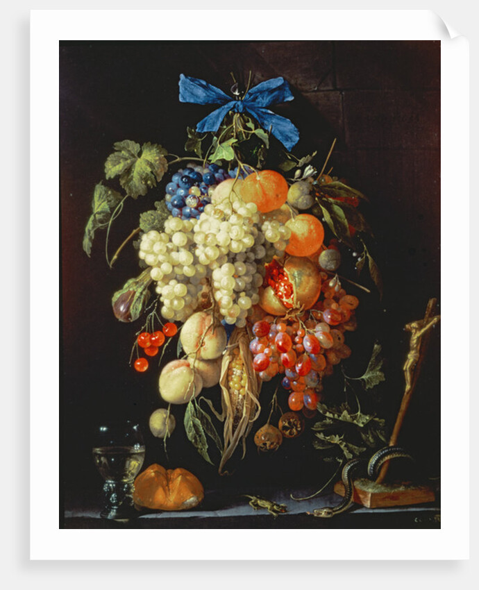 Bouquet of Fruit with Eucharistic Symbols on a Ledge Below by Cornelis de Heem