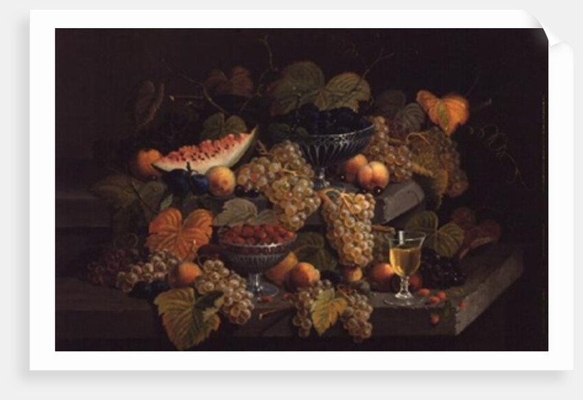 Still Life of Melon, Plums, Grapes, Peaches, Cherries, Strawberries etc on Stone Ledges by Severin Roesen
