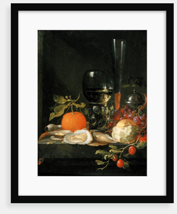 Still Life of Oysters, Grapes, Bread and Glasses on a Ledge by Jacob van Walscapelle