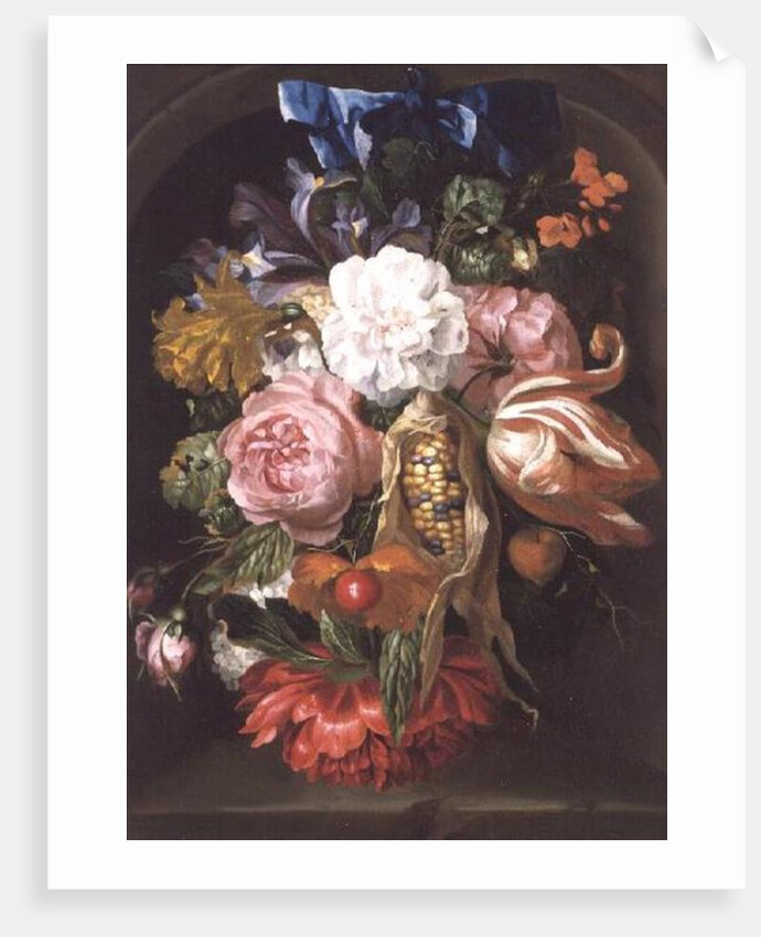 A Still Life Of A Corncob, Roses, A Parrot Tulip, Irises, And Other Flowers Suspended From A Blue Ribbon, In A Stone Niche by Ernst Stuven