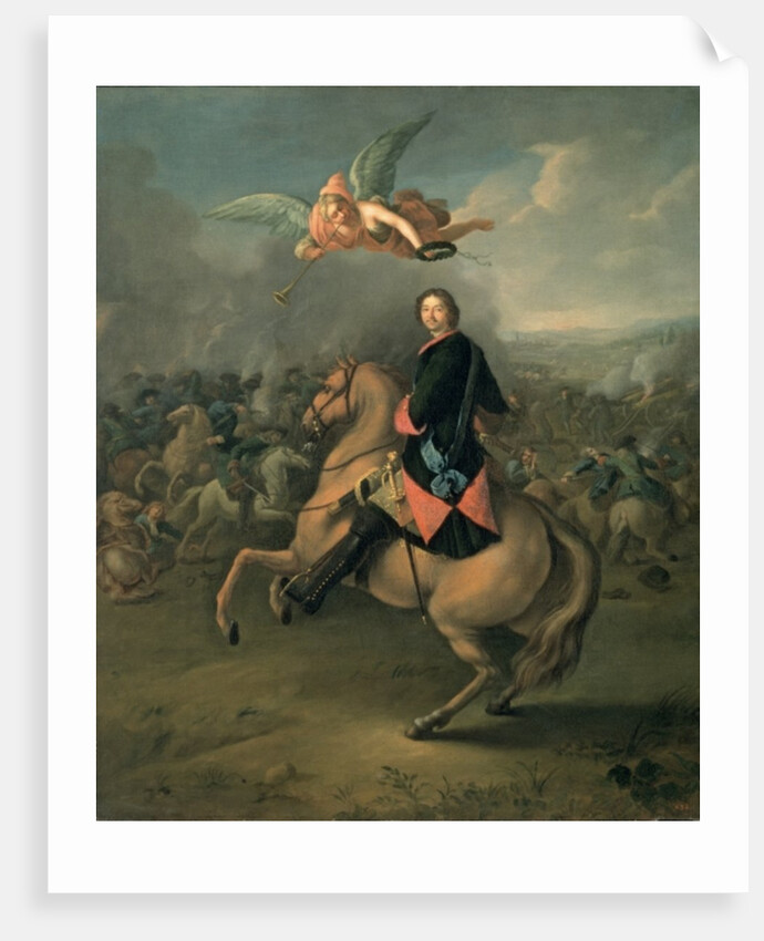 Portrait of Peter the Great against a background of the Battle of Poltava by Gottfried Danhauer