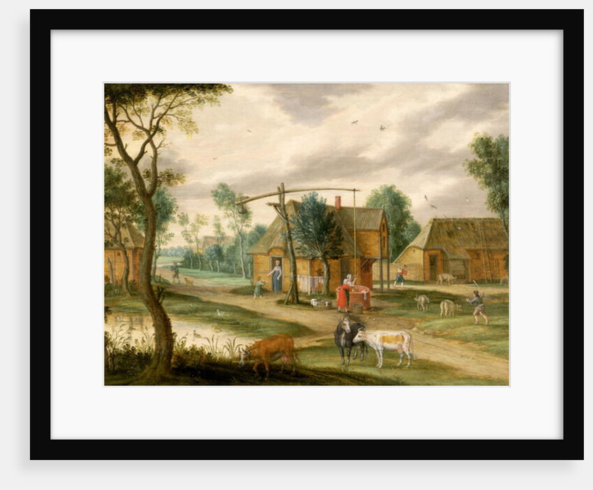 A village landscape with a woman drawing water from a well by Isaak van Oosten