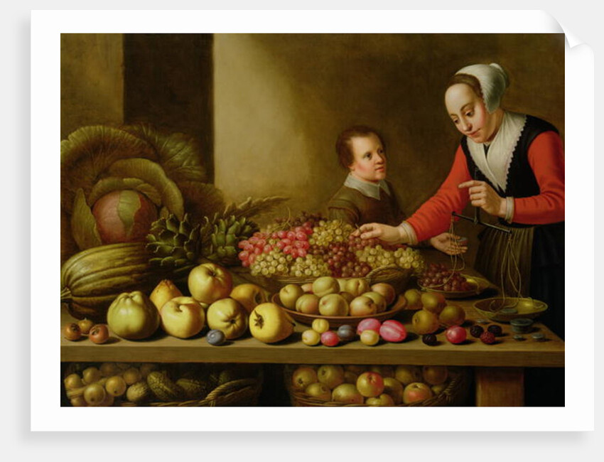 Girl selling grapes from a large table laden with fruit and vegetables by Floris van Schooten