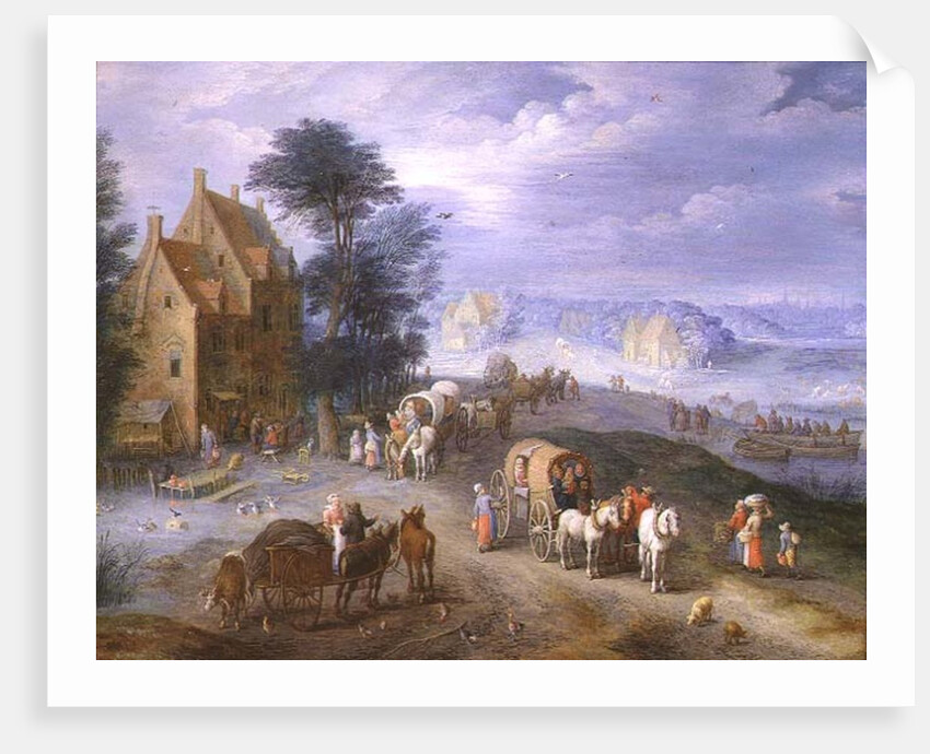 Landscape with peasants, carts and a ferry by Joseph van Bredael