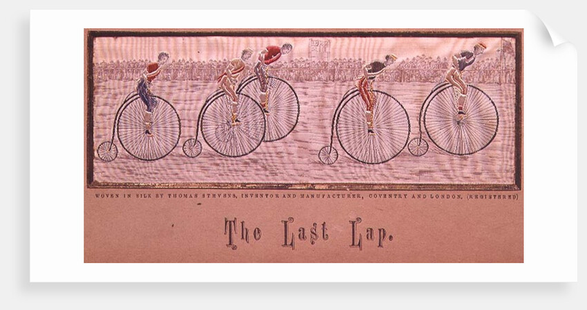 The Last Lap, Penny Farthing Race woven silk Stevengraph, by Thomas Stevens of Coventry, 1872 by Anonymous