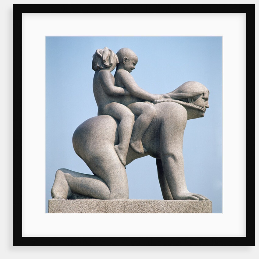 Woman with two children riding on her back by Gustav Vigeland