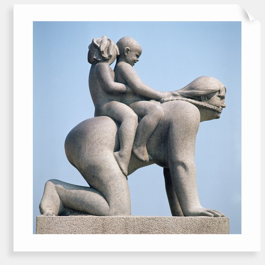 Woman with two children riding on her back by Gustav Vigeland