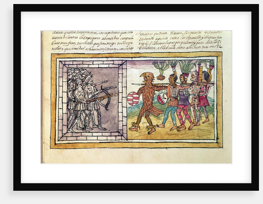 Codex Duran: Pedro de Alvarado companion-at-arms of Hernando Cortes besieged by Aztec warriors by Diego Duran