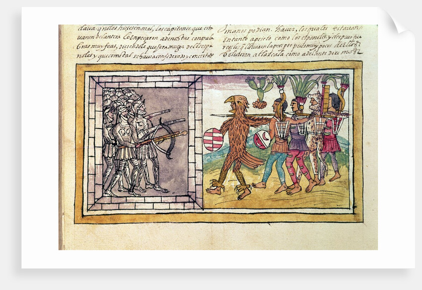 Codex Duran: Pedro de Alvarado companion-at-arms of Hernando Cortes besieged by Aztec warriors by Diego Duran