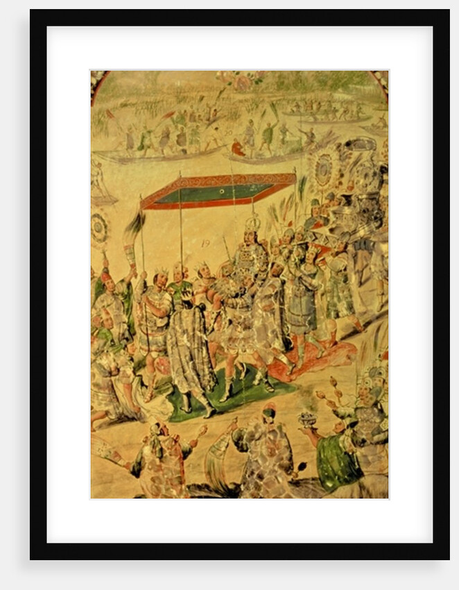 One of a pair of panels depicting the encounter between Hernando Cortes and Montezuma: Montezuma and his followers, 1698 by Miguel and Juan Gonzalez