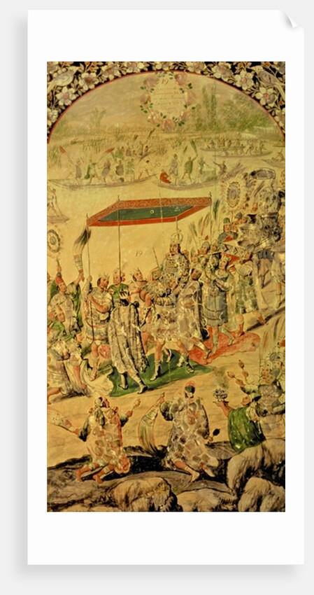 One of a pair of panels depicting the encounter between Hernando Cortes and Montezuma: Montezuma and his followers, 1698 by Miguel and Juan Gonzalez