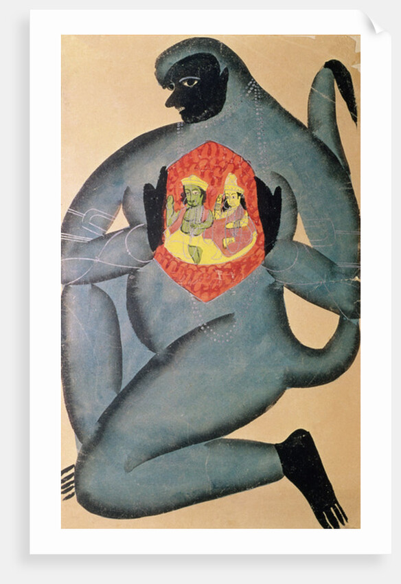 Hanuman revealing Rama and Sita enshrined in his heart, painted by a member of the Patua caste, 1880 by Indian School