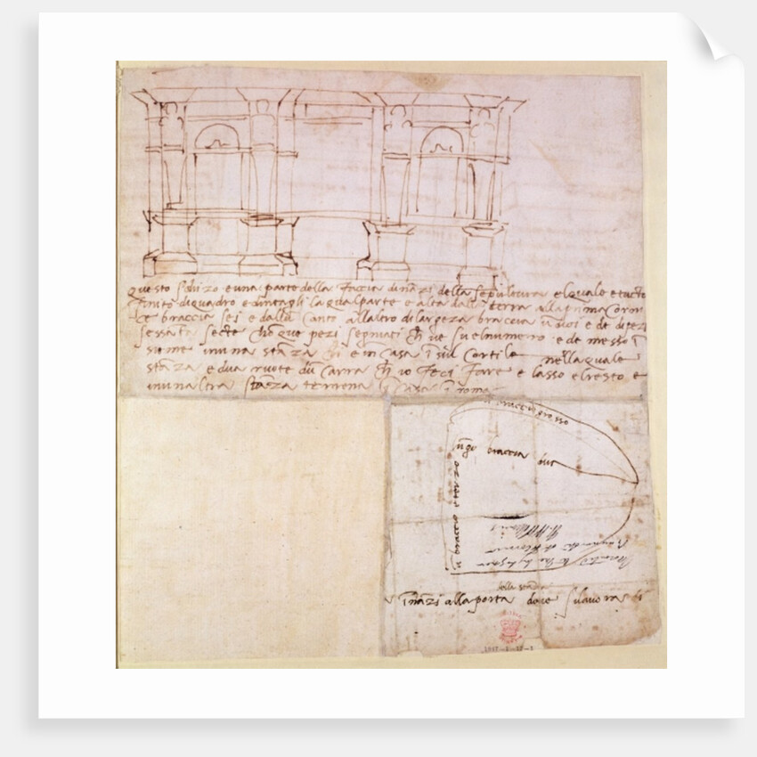 W.23r Architectural sketch with notes by Michelangelo Buonarroti