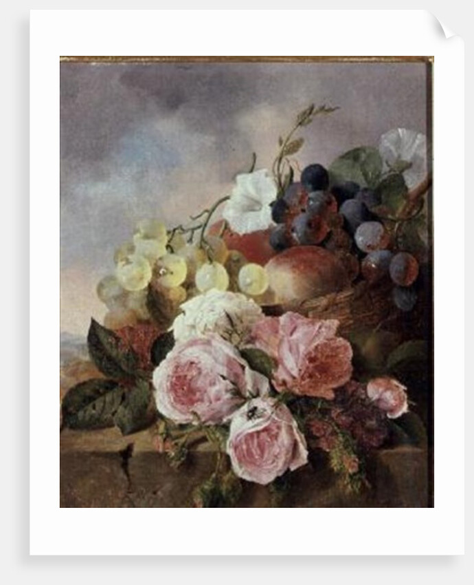 Still life of fruit and roses on a ledge by Edward Ladell