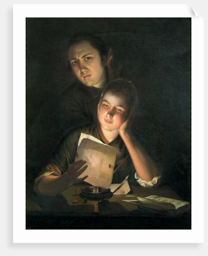 A Girl reading a letter by Candlelight, with a Young Man peering over her shoulder, c.1760-2 by Joseph Wright of Derby