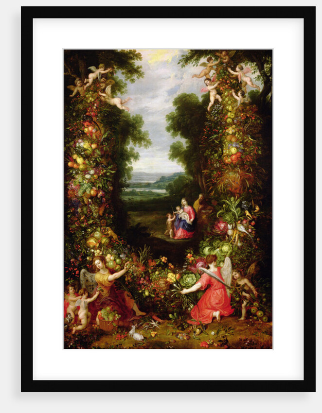 Holy Family in a landscape with a garland of fruit and vegetables by J. & Avont P. van Brueghel