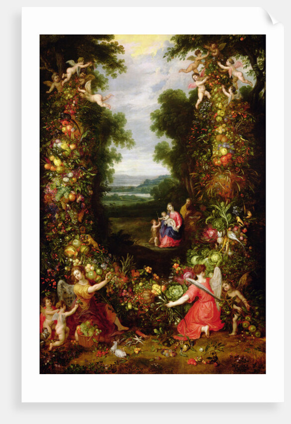 Holy Family in a landscape with a garland of fruit and vegetables by J. & Avont P. van Brueghel
