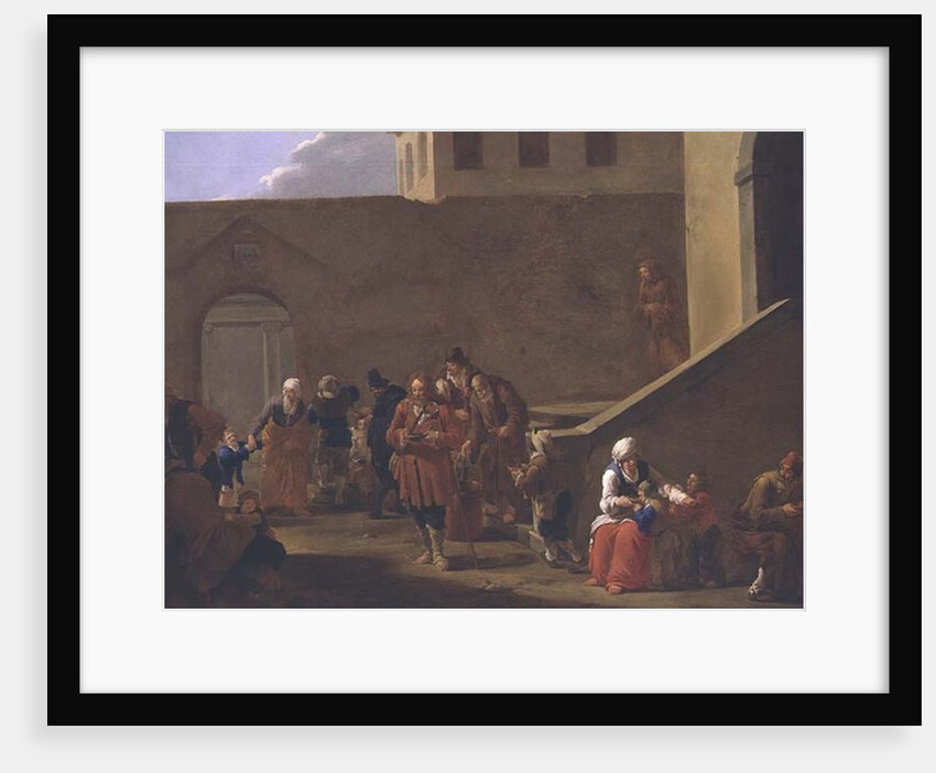 Street scene with monks distributing food to the poor by Andries Both