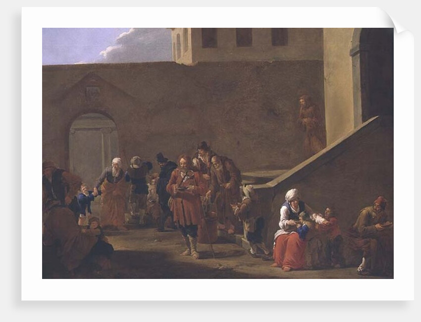 Street scene with monks distributing food to the poor by Andries Both