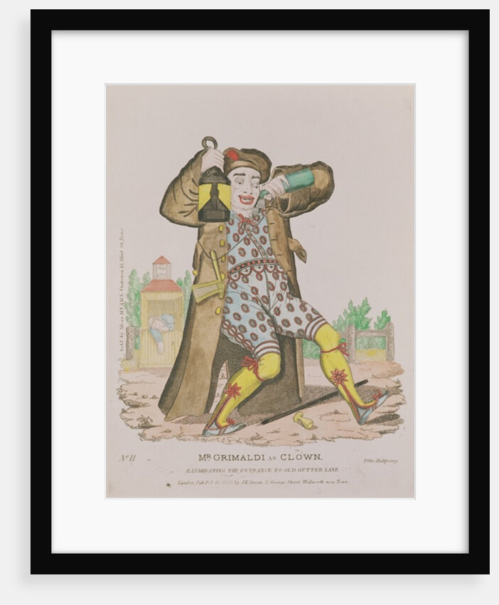 Mr Grimaldi as Clown, illuminating the entrance to Old Gutter Lane, pub. 1833 by English School