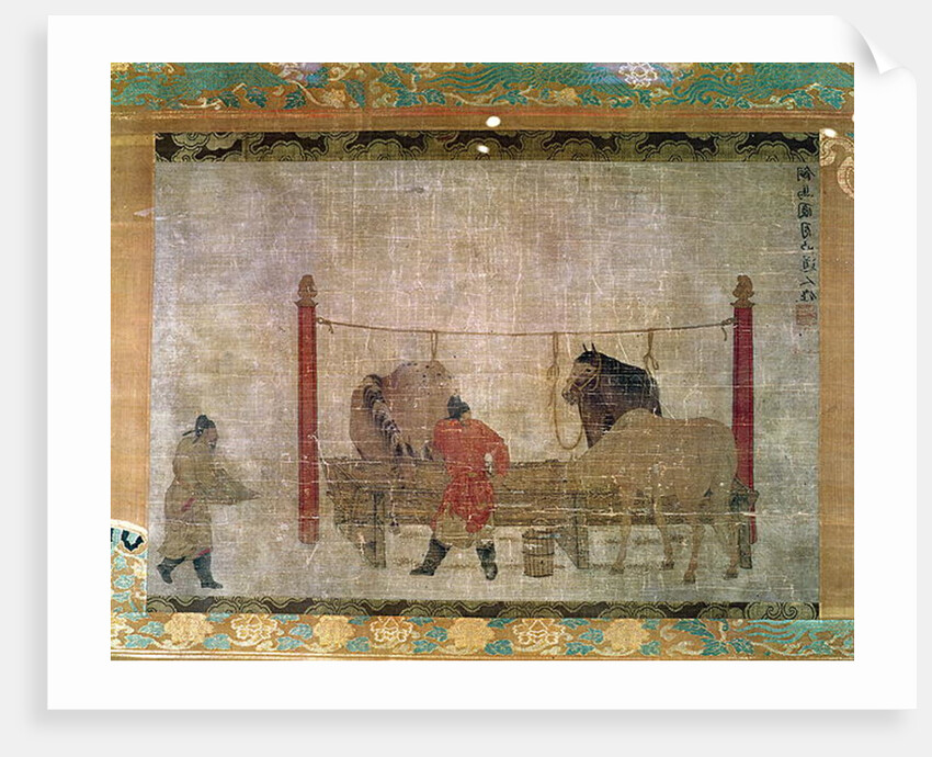 Hanging, depicting grooms feeding horses by Anonymous