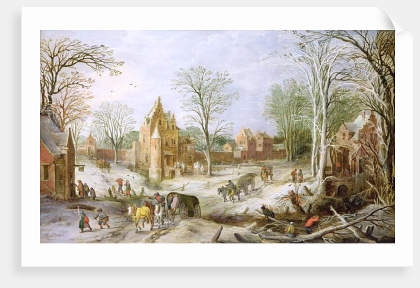 A wooded winter landscape with a cart by J. & Momper J. de Brueghel