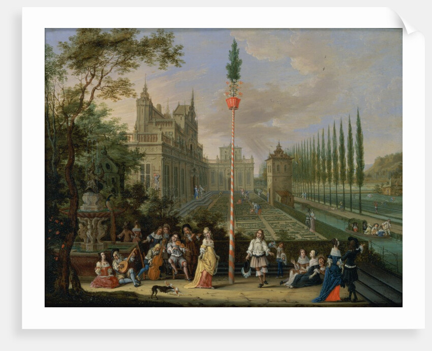 Elegant figures playing musical instruments around a maypole by Pieter Gysels
