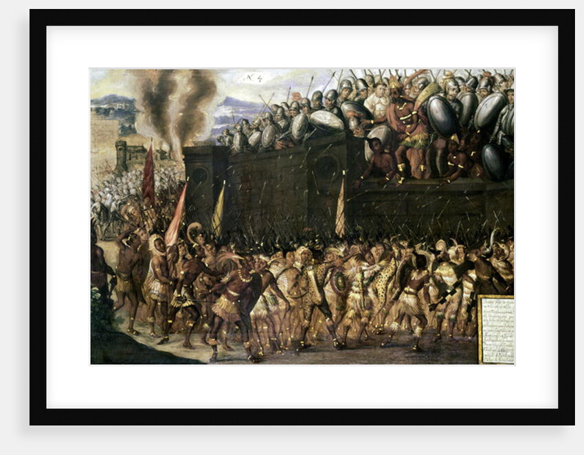 Montezuma, captured by the Spaniards, pleads with the Aztecs to surrender as the Spanish attack his palace in 1520, 16th century by Spanish School
