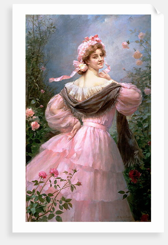 Elegant woman in a rose garden by Felix Hippolyte-Lucas