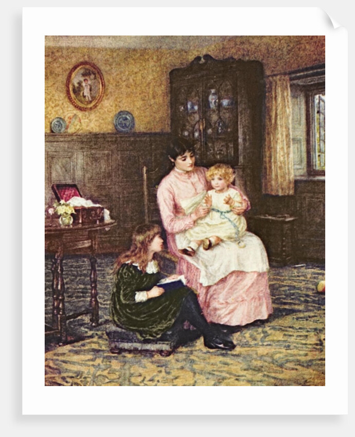 Mother playing with children in an interior by Helen Allingham