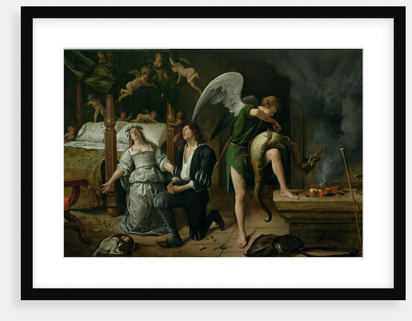 Tobias and Sarah with the Archangel Raphael exorcising the demon Asmodeus, restored version reassembled from two separated fragments by Jan Havicksz. Steen
